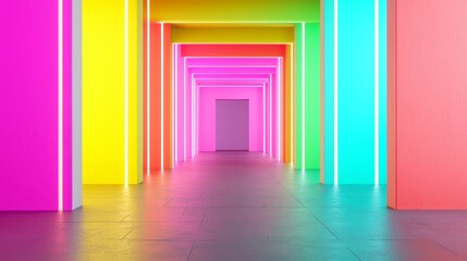 Wall Mural - long hallway with neon colored walls and a white door. the hallway is lit up with neon lights, creat