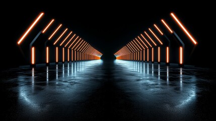 Wall Mural - dark tunnel with orange lights shining on the walls. the lights are evenly spaced throughout the tun