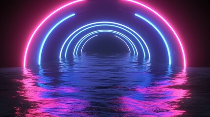 Wall Mural - neon lighted tunnel with water in the background. the water is blue and pink. the tunnel is curved a