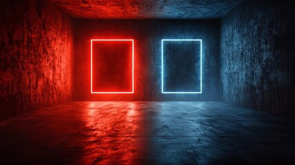 Wall Mural - the room is dimly lit with two neon lights, one red and one blue, illuminating the space. the walls 