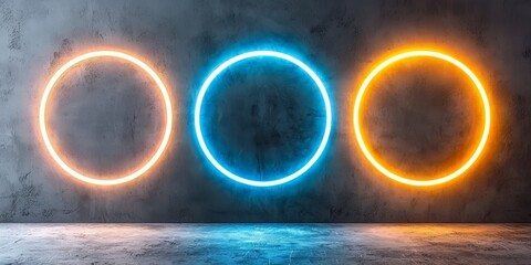 Wall Mural - three neon colored circles are lit up against a dark background. the circles are orange, blue, and g