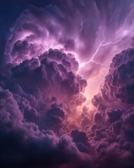 Wall Mural - Dramatic Thunderstorm Clouds with Lightning Strike Eye-Level View Purple and Pink Sky Weather Phenomenon