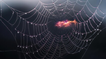 Dew-Kissed Spiderweb with Cosmic Nebula, Ethereal Macro Detail