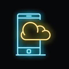 Wall Mural - neon icon of a smartphone displaying a cloud, representing cloud computing and mobile data storage