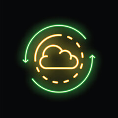 Wall Mural - neon sign representing cloud computing with a cloud surrounded by a cycle of arrows, suggesting uplo