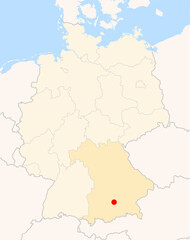  Locatormap of the city Muenchen (Bayern) in Germany. The city is marked with a red dot and the Bundesland is also highlighted. No labels at all.