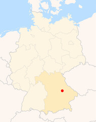  Locatormap of the city Regensburg (Bayern) in Germany. The city is marked with a red dot and the Bundesland is also highlighted. No labels at all.