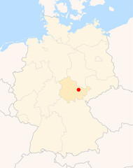  Locatormap of the city Jena (Thueringen) in Germany. The city is marked with a red dot and the Bundesland is also highlighted. No labels at all.