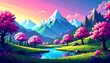 © yoks - A vibrant landscape of mountains, a flowing river, and blossoming cherry trees under a pastel sky, showcasing a joyful and serene springtime scene.