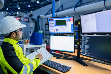 engineer working at control room,manager control system,technician man monitoring program from a lot