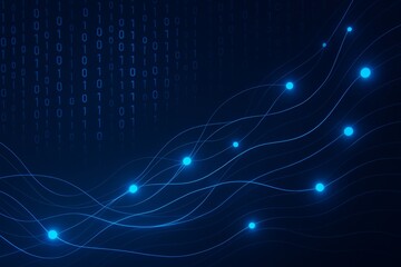 Blue digital abstract background depicting binary code and flowing lines with glowing dots in a dark environment for technology themes