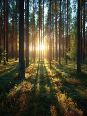 Wall Mural - Sunlight Through Tall Pine Trees in Forest Landscape, Low Angle View, Nature Scene, Scenic Woodlands, Natural Light