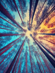 Wall Mural - Looking Up at Tall Pine Trees in Forest with Colorful Sky from Worm's Eye View in Autumnal Light