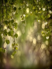 Wall Mural - Fresh green leaves hanging from branches in soft focus bokeh background nature in springtime outdoor