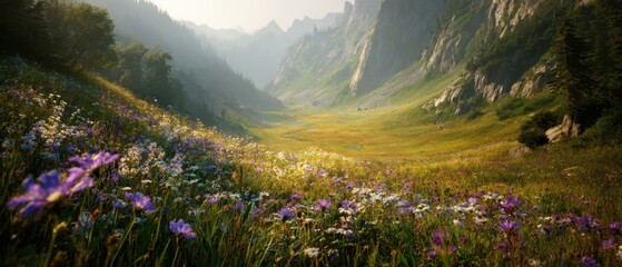 Wall Mural - Mountain Valley Vista with Wildflower Meadow, Eye-Level View of Lush Green Landscape, Sunny Day in Nature