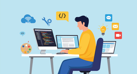 Developer working on multiple screens surrounded by technology icons