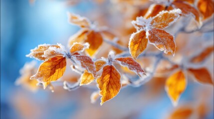 Wall Mural - Frosted autumn leaves on branch in winter sunlight macro shot nature background scene seasonal beauty outdoors