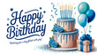 © MdMEJANOOR - Festive blue birthday scene scripted message, cake, balloons, gift, confetti