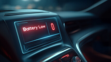 A glowing futuristic holographic display showing red battery icon warning for empty battery inside a high tech car, Car dashboard warning to Battery low
