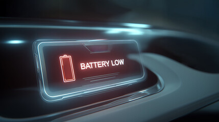 A glowing futuristic holographic display showing red battery icon warning for empty battery inside a high tech car, Car dashboard warning to Battery low
