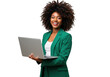 © Kakoli - Confident black woman with afro hair works on laptop wearing a green blazer transparent background