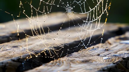 Spiderweb glistens with morning dew, suspended between weathered wooden planks in the forest, creating a delicate and ethereal scene.