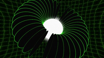 Green spiral grid digital animation with glowing neon lines background loop animation