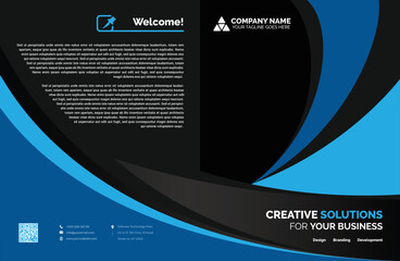 corporate brochure design: blue and black abstract swirls frame text, logo, and qr code, creating a 