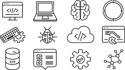 Set of software development and technology icons representing coding, debugging, and data management