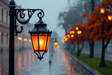 Wall Mural - Street lamps illuminating rainy autumn evening in city park