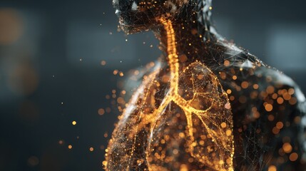 Wall Mural - Medical visualization depicts glowing particles accumulating in the lungs of a factory worker, highlighting potential occupational hazards and respiratory issues