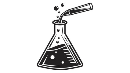A conical flask with liquid being poured into it from a pipette with bubbles around the top area