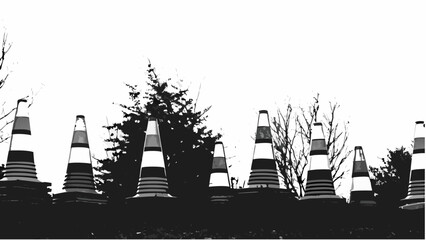 A monochrome depiction of a row of traffic cones against a backdrop of trees and a bright sky above them silhouette