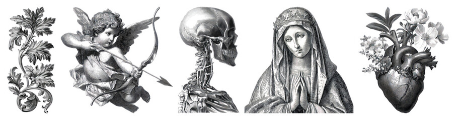 PNG Vintage collage: angel, skeleton, Madonna, flowers, heart element set on transparent background.