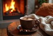 © Yaraslava - cozy steaming mug hot cocoa warm fireplace soft flames inviting ambiance relaxation comfort, drink, beverage, warmth, home, winter, vintage, ceramic, evening