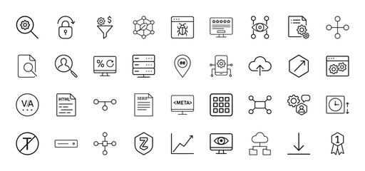 Technology and data processing line icon set. Vector pictograms of search, lock, funnel, network, bug, monitor, eye, document, server, cloud, gears, chart, and user, thin linear illustration.