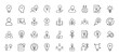 © MSTRABEIA - Innovation and idea line icon set. Vector pictograms of lightbulbs, heads, brains, users, hands, books, documents, gears, people, plants, laptops, briefcases, checklists, thin linear illustration.
