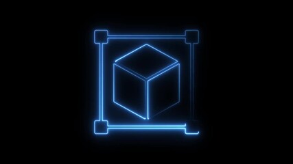 Wall Mural - Neon Blue 3 D Cube Wireframe Animation Futuristic Technology Concept Abstract Geometric Shape