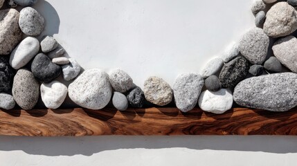 Wall Mural - Arrangement of various stones on a wooden frame.