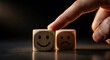 © ivatekstudio - Mood Selection: An intimate close-up focuses on a fingertip poised to make a pivotal choice between a smile and a frown on wooden cubes, representing a powerful metaphor for decisions.