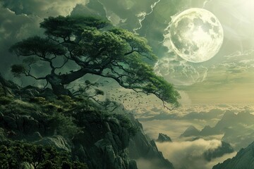 Wall Mural - Surreal fantasy landscape with a large moon hanging in a cloudy sky, birds flying around a leaning tree growing on a cliff