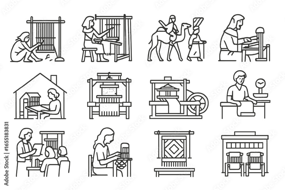 Loom Evolution Vetor Textile Weaving Evolution. Line style icons of textile weaving ...