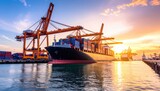 Large container ship docked at harbor sunset.  Giant cranes load cargo containers. Golden hour light.