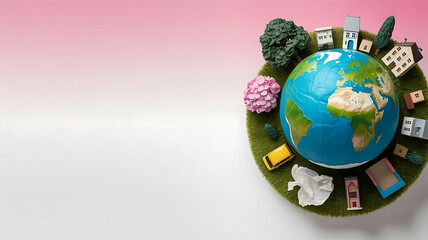 Wall Mural - Globe with miniature houses trees car and trash on green grass circle on transparent background