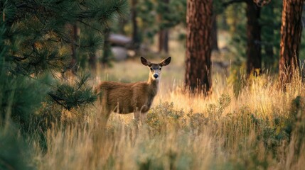 Wall Mural - mule deer doe standing in a meadow of golden grass at sunset with pine trees in the background, crea