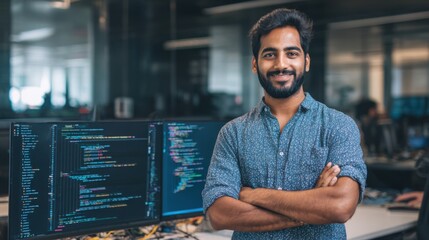 A young man stands with crossed arms in a contemporary workspace filled with computer screens displaying colorful code. His friendly smile suggests a positive atmosphere as colleagues work nearby.
