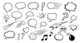 Comic boom cartoon effect line element set. Comic speech bubble pow, boom text, explosive splash smoke, wow cartoon vector icon. Hand drawn sketch doodle explosive element. Vector illustration.