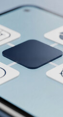 Dark-blue square app icon on phone screen, surrounded by lighter icons, showcasing app mockup, ideal for app presentations, digital marketing or technology concepts