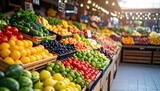High-quality, professional marketing-style photograph of colorful fruit and vegetable market stalls, shot with a 50mm lens, eye-level angle, minimalist composition with clear focal point on produce, s