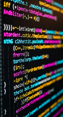 Close-up of colorful code lines on a dark screen, showcasing programming, software development, and technology concepts